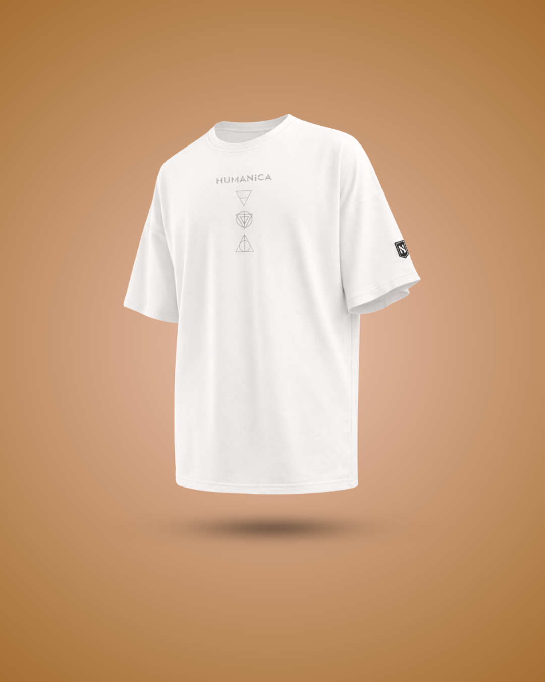 White t-shirt with branding on a brown background