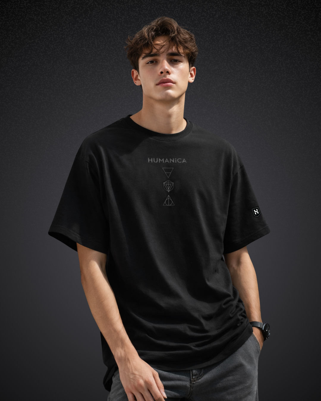 Humanica Branded Charcoal Black Relaxed Fit Premium Cotton T-Shirt