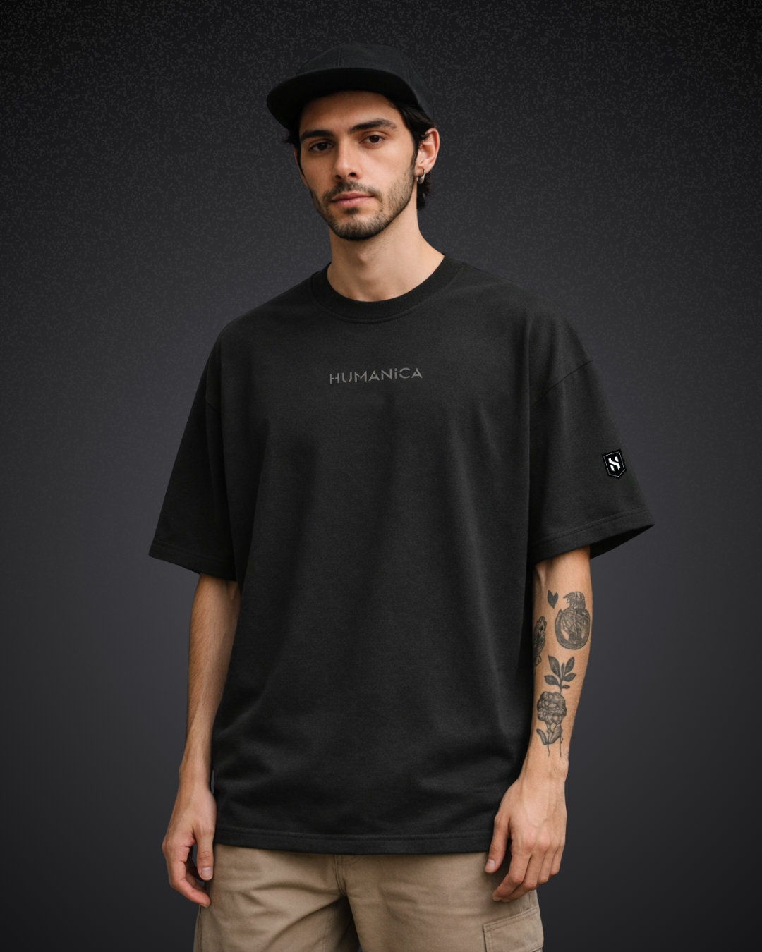 Humanica Branded Charcoal Black Relaxed Fit Premium Back Printed Cotton T-Shirt