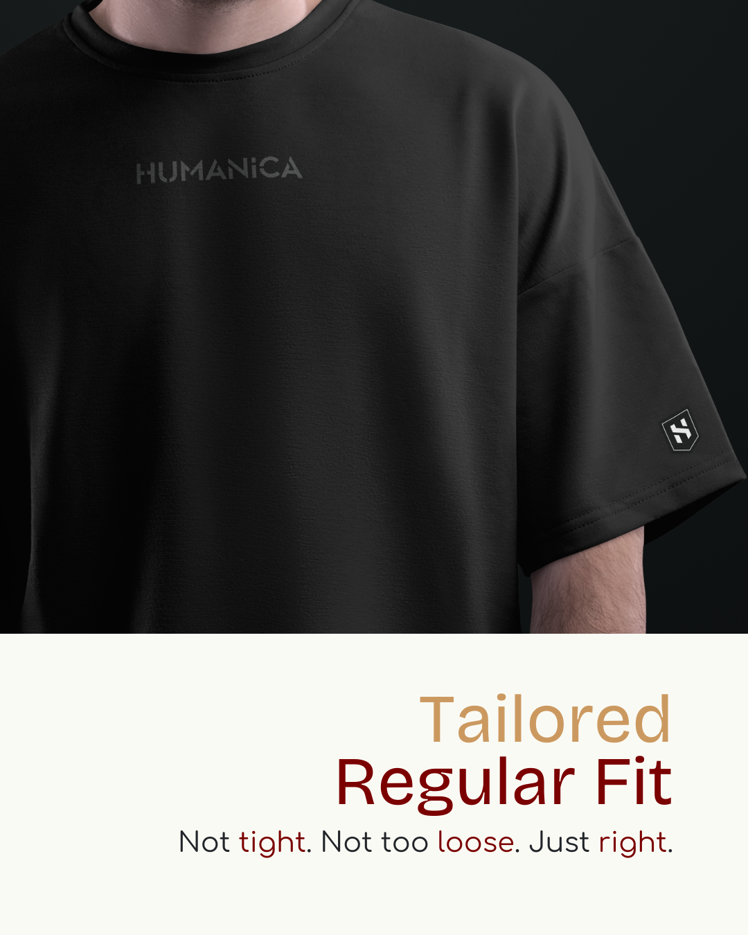 Humanica Branded Charcoal Black Relaxed Fit Premium Back Printed Cotton T-Shirt