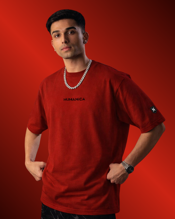 Humanica Branded Blood Red Relaxed Fit Premium Back Printed Cotton T Shirt