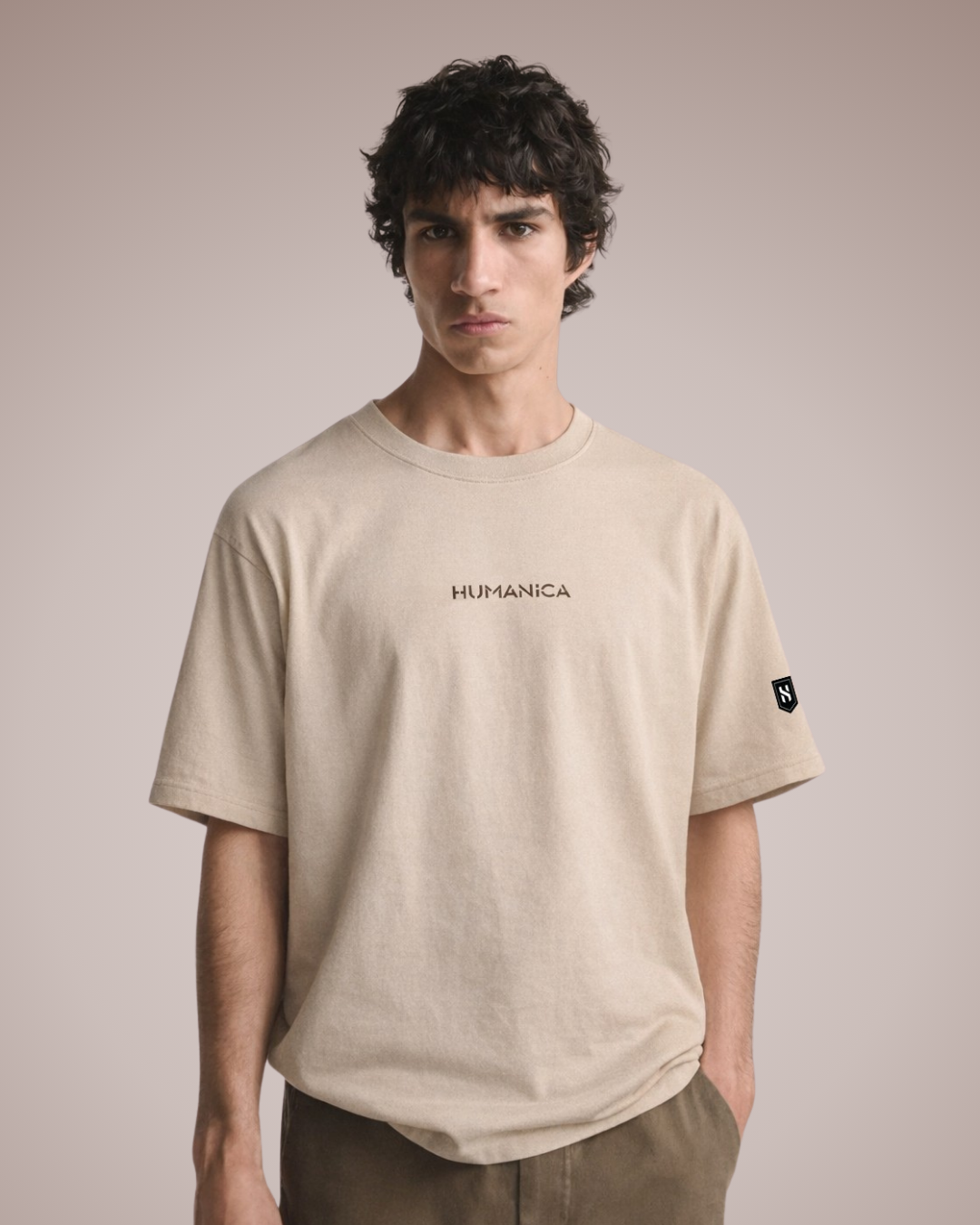 Humanica Branded Warm Cream Relaxed Fit Premium Back Printed Cotton T Shirt